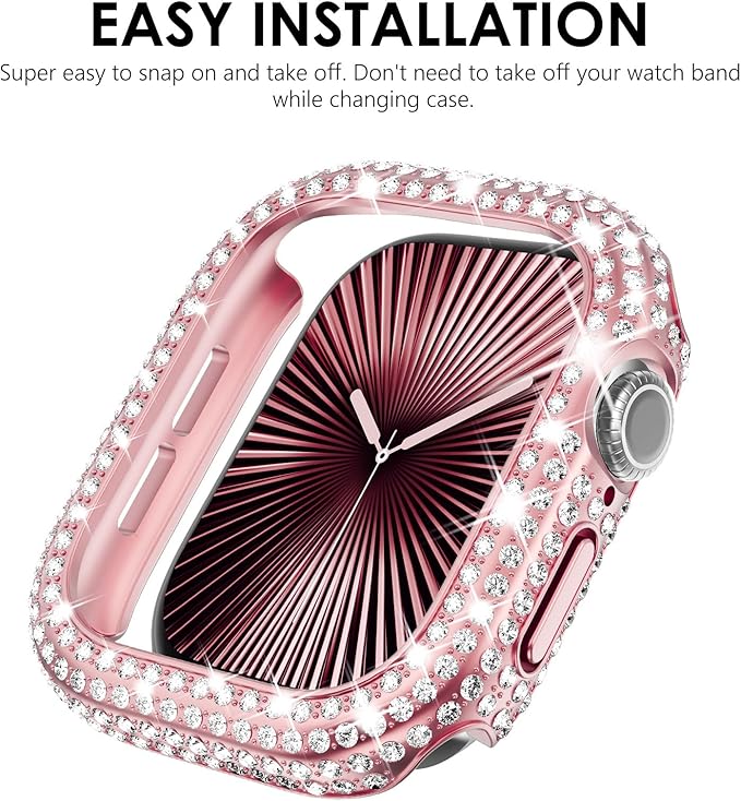 KADES Bling Case Compatible for Apple Watch Series 9/8/7 41mm, Sparkly Full Diamond Protective PC Bumper Cover, Rhinestone Frame for Women, 41mm-Pink - Image 6