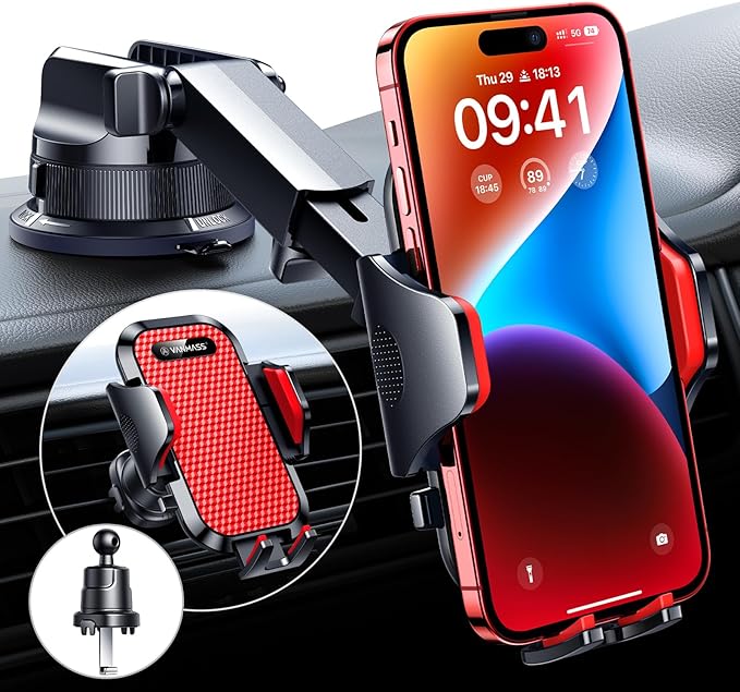 VANMASS [True Military-Grade] Car Phone Holder [Best Suction & Clip] Cell Phone Mount for Dashboard Windshield Vent Truck Cradle Dash Stand for iPhone 15 Pro Max 14 13 12 Android, Red by VANMASS