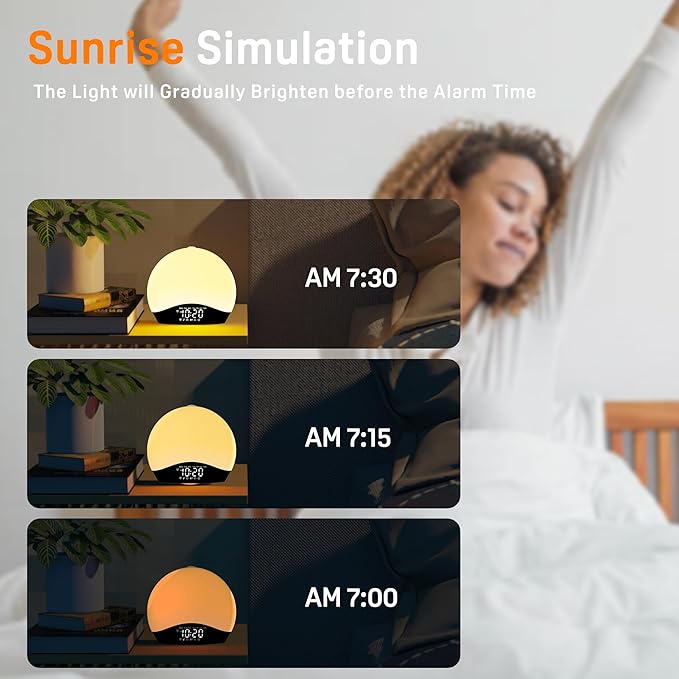 JALL Sunrise Alarm Clock for Bedrooms with White Noise Sound Machine, Wake Up Light Alarm Clocks for Heavy Sleepers & Kids, Dual Alarms, Nightlight, Sleep Timer, Bluetooth Speaker, Hatch-Style - Image 5