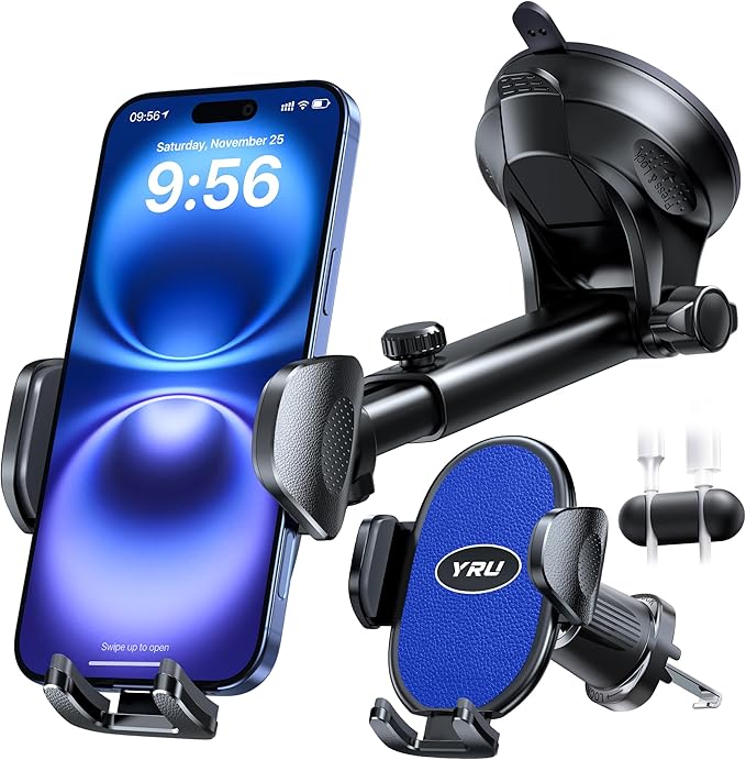 YRU Upgraded Universal Car Phone Holder Mount【360°Rotatable & Strong Suction】 Cell Phone Car Dashboard Windshield Phone Holder Dash Vent Stand for iPhone 17 16 Pro Max Samsung Truck, Light Blue by YRU2026ProCarMount