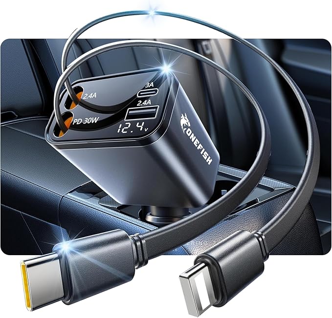 OneFish 12V&24V Retractable Cord 4 in 1 Fast Car Charger, 4Ports (PD30W+PD12W x3), Cigarette Lighter Chargers with USB Type C Ports Display, for iPhone 17 16 Pro Max Plus/iPad, Car Truck Essentials by OneFish
