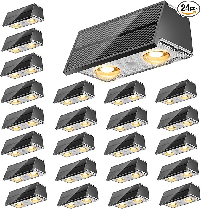 NIORSUN Solar Fence Lights,24 Pack Wall Lights Waterproof,Led Outdoor Lights 3000K/4500K/6000K+ RGB Up & Down Deck Light,Solar Powered Light for Backyard/Pool/Railing/Patio/Porch/Step Black by NIORSUN