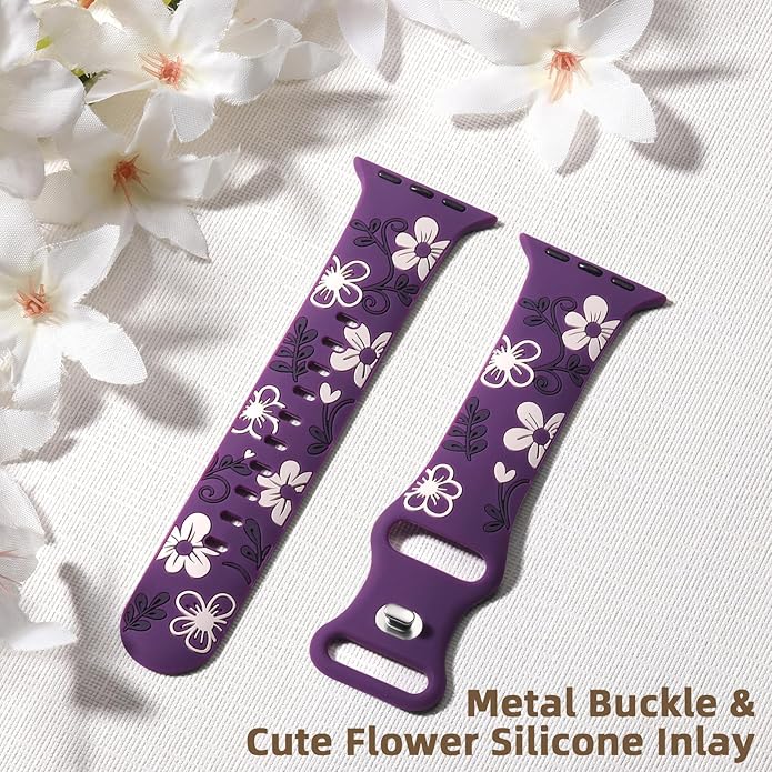 Witzon Floral Band Compatible with Apple Watch Bands For Women 40mm 41mm 38mm 42mm 44mm 45mm 46mm 49mm, Engraved Cute Flower Silicone Dressy Strap for iWatch Series 11 10 9 8 7 6 5 4 3 2 SE Ultra - Image 5