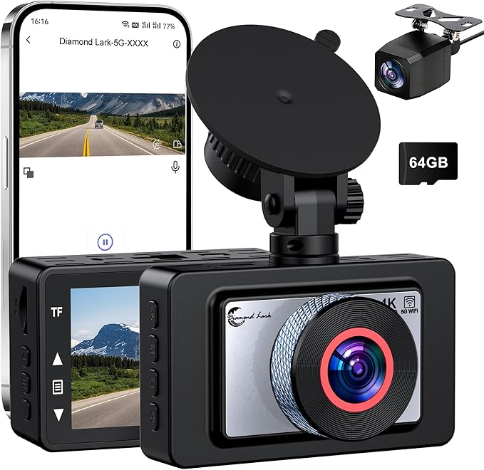 Dash Cam Front and Rear, 4K Ultra HD Dash Camera for Cars, 64GB Card Included, Built-in 5G WiFi Mobile APP Control, 3" IPS Screen,Super Clear Night Vision, 170°Wide Angle,G-Sensor, 24H Parking Monitor by DiamondLark