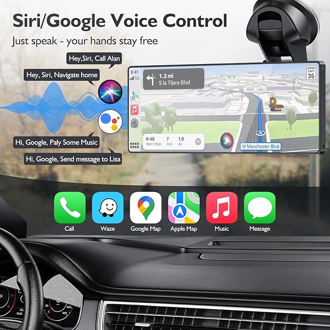 10.26" Portable Carplay Screen for Car, 4K HD Car Stereo Touch Screen with Apple CarPlay and Android Auto, 4K Dash Cam, 1080P Backup Camera, Mirror Link, Voice Control, Bluetooth, GPS, AUX/FM - Image 3