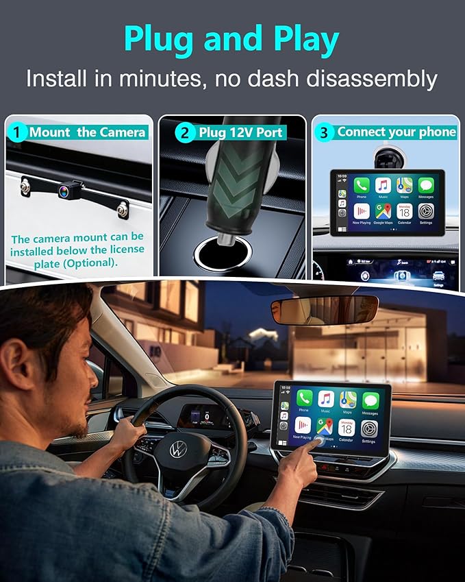 Thybro Portable Apple Carplay with Backup Camera: Plug-Play 15-Mins DIY Installation Carplay Screen - Compatible with 99% of Older Cars Upgraded - Wireless Seamless Connection for Apple/Android Auto - Image 3