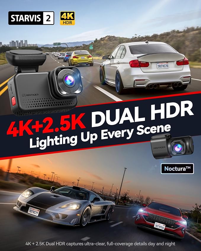 REDTIGER VC70 & 33FT WDR, 4K+2.5K Dash Cam Front and Rear, STARVIS 2 IMX678 x Noctura™ Sensor, Dual HDR Hyper Night Clarity, 5.8GHz WiFi 6, 30MB/S Fast Download - Image 3