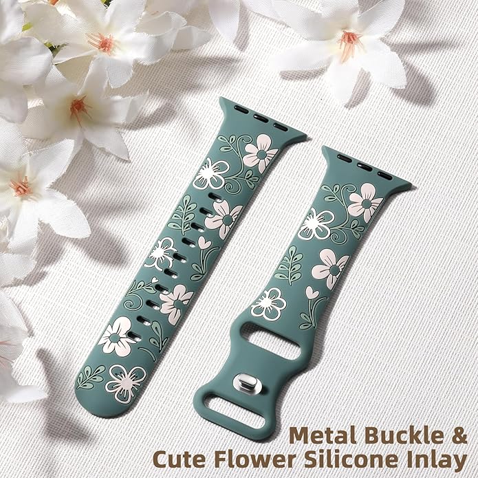 Witzon Floral Band Compatible with Apple Watch Bands For Women 40mm 41mm 38mm 42mm 44mm 45mm 46mm 49mm, Engraved Cute Flower Silicone Dressy Strap for iWatch Series 11 10 9 8 7 6 5 4 3 2 SE Ultra - Image 5