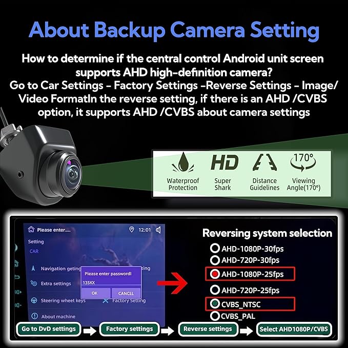 1080P AHD Backup Camera for Cars 【3 DIY Switches】w 360°+45° Rotatable 170° Wide Angle Rear Camera Clear Night Vision Front/Side/Rear View Camera IP68K Waterproof Reverse Camera Fisheye Lens (6m cable) - Image 7