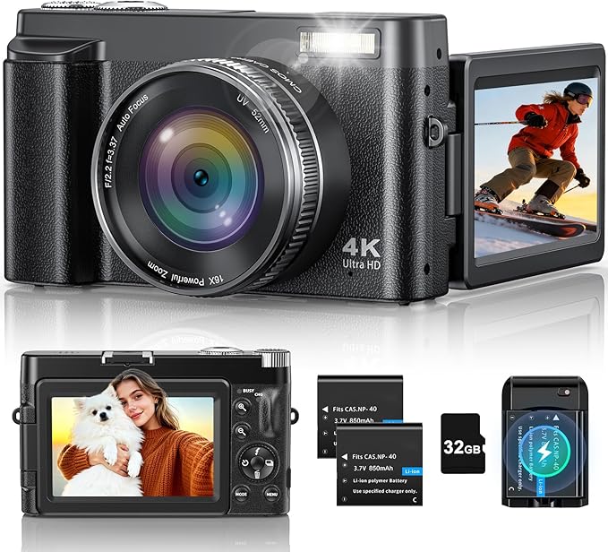 4K Digital Camera for Photography, 48MP Vlogging Camera with Autofocus, Flash, 180° Flip Screen, 16X Zoom, 32GB Card, 2 Batteries & Charger, Compact Travel Camera for Teens, Beginners & YouTube by CAMKORY