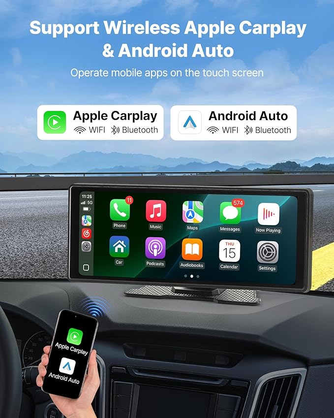 VEVOR Wireless Car Stereo, 10-Inch HD Portable Radio Touch Screen Compatible with Apple CarPlay and Android Auto, CarPlay Screen for Car with Voice Control, Mirror Link, Bluetooth, GPS Navigation - Image 2