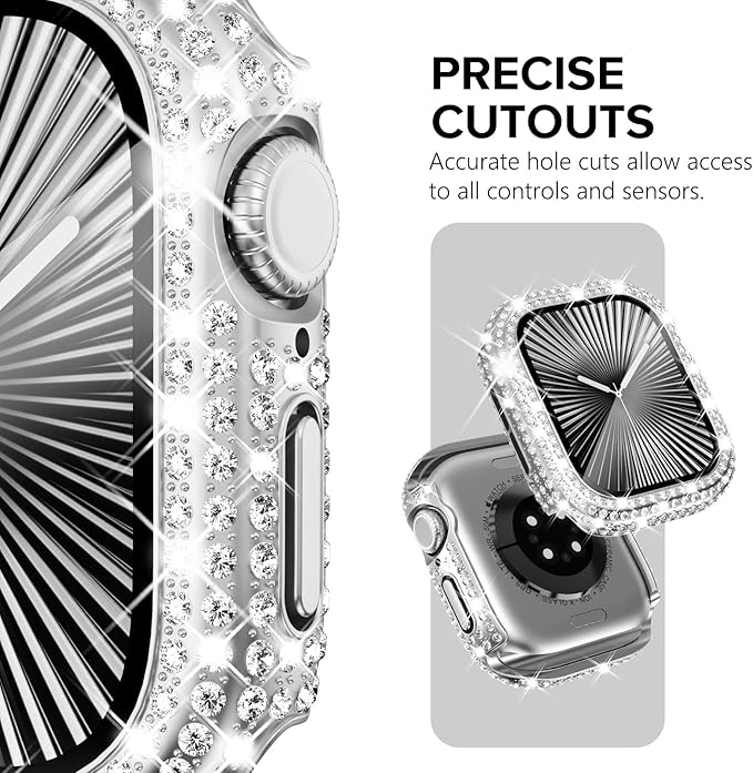 KADES Compatible with Apple Watch Series 3 2 1 with Built-in Tempered Glass Screen Protector Bling Crystal Diamond Rhinestone Full Protective Bumper Cover for Women (38mm,Silver) - Image 3