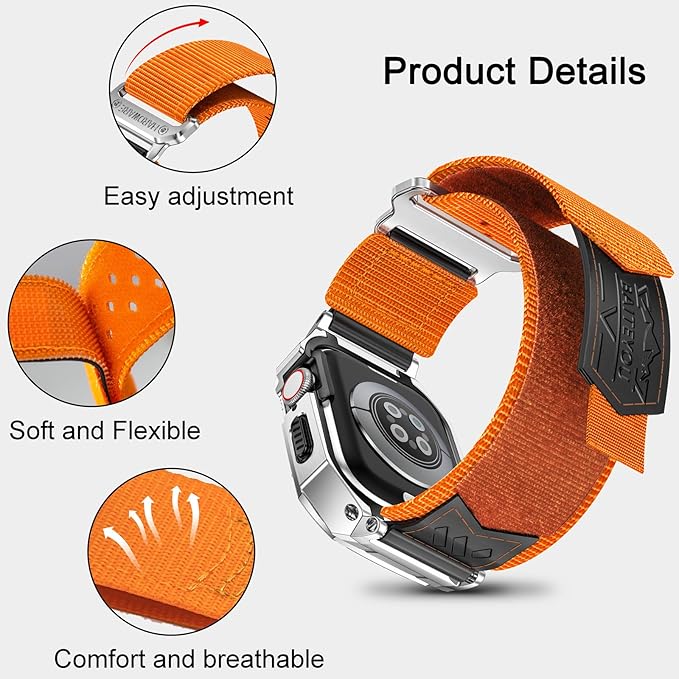 BAITEYOU Band with Case Compatible with Apple Watch Band Series 9 8 7 (41mm) 6 5 4 SE 3 2 1 (40mm 38mm), Nylon Strap with Stainless Steel Metal Rugged Case Cover for iwatch Bands for Men - Image 2