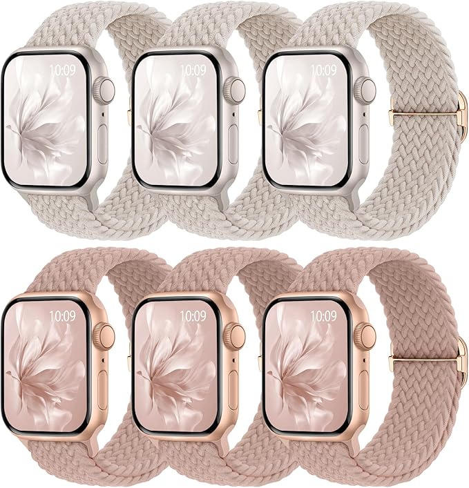 6 Pack Braided Stretchy Bands Compatible with Apple Watch Band 38mm 40mm 41mm 42mm 44mm 45mm 46mm 49mm Women Men, Adjustable Nylon Solo Loop Elastic Straps for iWatch Series 11 10 9 8 7 6 5 4 SE Ultra by KnossenWatchBand