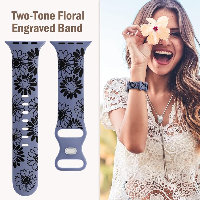 DaQin Floral Engraved Band Compatible with Apple Watch Bands for Women 40mm 41mm 42mm 44mm 45mm 46mm 38mm, Cute Two-Tone Flower Soft Silicone Sport Strap for iWatch Series 11 10 9 8 7 6 5 4 3 2 1 SE - Image 5