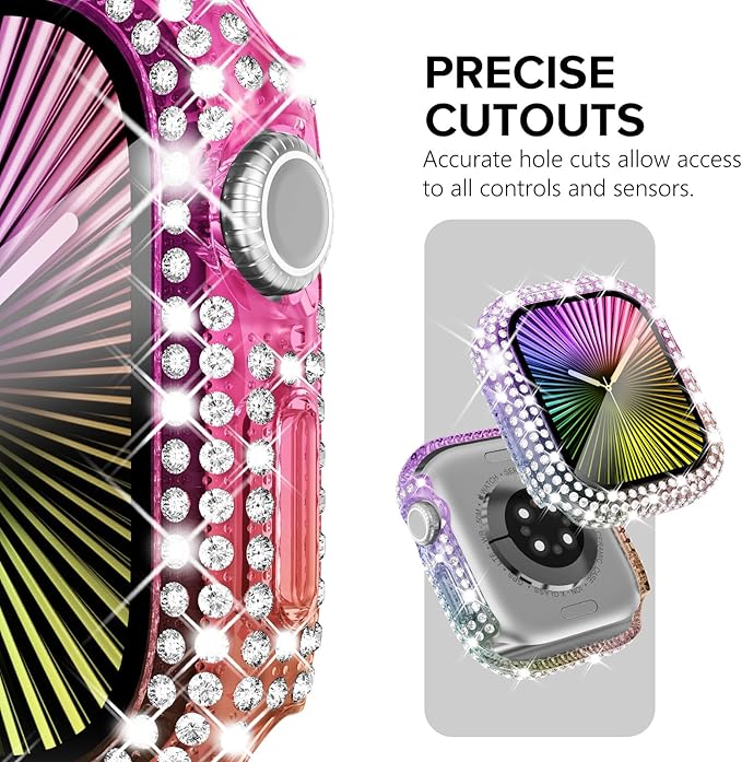 KADES Compatible with Apple Watch Series SE 6 5 4 with Built-in Tempered Glass Screen Protector Bling Crystal Diamond Rhinestone Full Protective Bumper Cover for Women (40mm,Iridescent) - Image 3