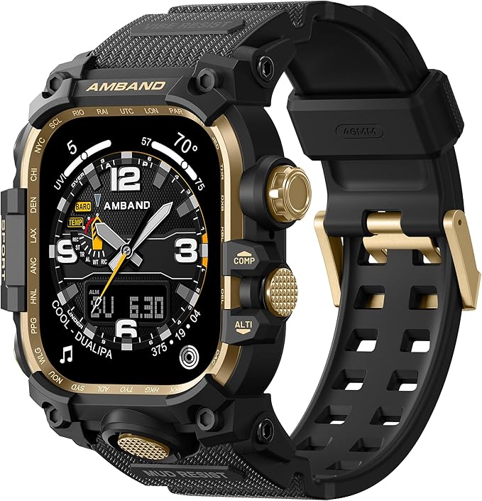 amBand Rugged Case with Band for Apple Watch 46mm, Compatible with Apple Watch (iWatch) Series 10 11, Military Grade Shockproof Bumper Cover, Tactical Band for Men, Black Gold by amBand