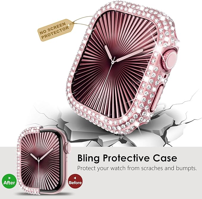 KADES Bling Case Compatible for Apple Watch Series 9/8/7 41mm, Sparkly Full Diamond Protective PC Bumper Cover, Rhinestone Frame for Women, 41mm-Pink - Image 5