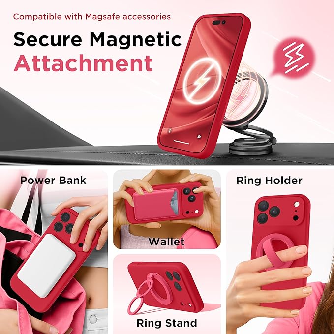 GolbinBox Magnetic for iPhone 17 Pro Max Case, Compatible with MagSafe, [Full Camera Protection] [Screen Protector], Silicone Shockproof Phone Cover with Anti-Scratch Microfiber Lining, Red - Image 4