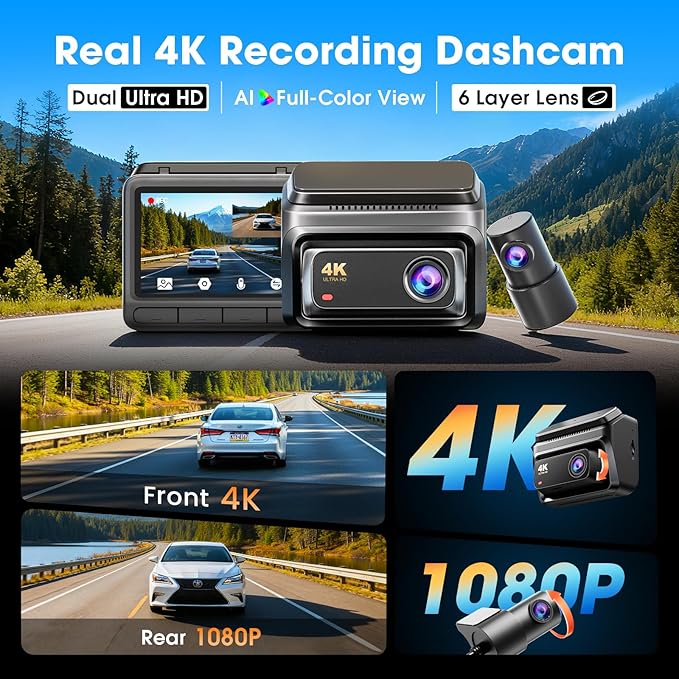 DDPAI 4K Dash Cam Front and Rear, Built-in 32G eMMC Dual Dash Camera for Cars, 128GB Card Included Dashcam,GPS, Night Vision,5G WiFi, 7-Days Parking Mode, 3" IPS, ADAS, WDR, Support 512GB, Z60 - Image 2