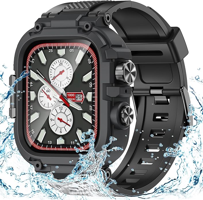 Goton IP68 Waterproof Rugged Band for Apple Watch 46mm/45mm/44mm with Case build-in Screen Protector – Heavy Duty Sport Strap Compatible with iWatch Series 11/10/9/8/7/6/5/4/SE by Goton