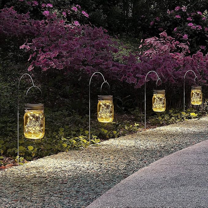 GIGALUMI Hanging Mason Jar Solar Lights, 6 Pack 30 Led Hanging Solar Lanterns Outdoor Waterproof, Hangers and Jars Included, Outdoor Decor for Balcony, Garden, Patio, Yard, Wedding - Image 2