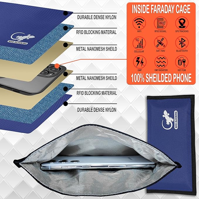 Gecko Travel Tech Blue Nylon Faraday Bag - Signal Blocker for Cell Phone, Car Key FOB, Data Privacy (BLUE - NYLON) - Image 8