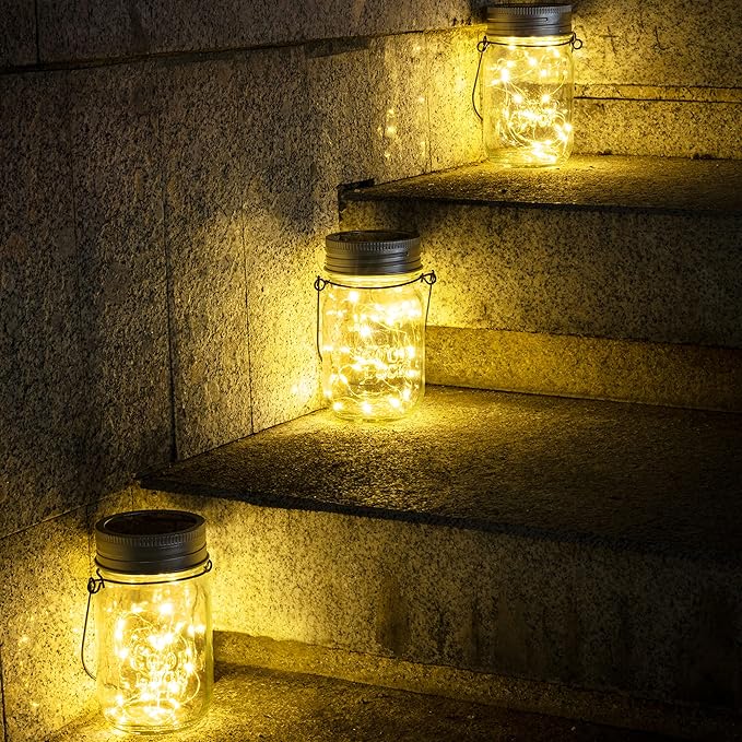 GIGALUMI Hanging Mason Jar Solar Lights, 6 Pack 30 Led Hanging Solar Lanterns Outdoor Waterproof, Hangers and Jars Included, Outdoor Decor for Balcony, Garden, Patio, Yard, Wedding - Image 4