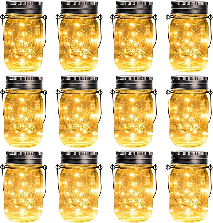 GIGALUMI Solar Mason Jar Lights, 12 Pack 30 Led String Fairy Lights Garden Lights Outdoor Waterproof Hanging Solar Lanterns for Outdoor, Garden, Patio, Lawn, Balcony Decoration by GIGALUMI