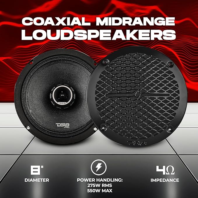 DS18 PRO-ZT Pro Audio Coaxial Midrange Speakers with Built-in Bullet Tweeter, 4-Ohms, Water Resistant - Black Metal Mesh Grill Included (1 Speaker) (8" inches) - Image 2